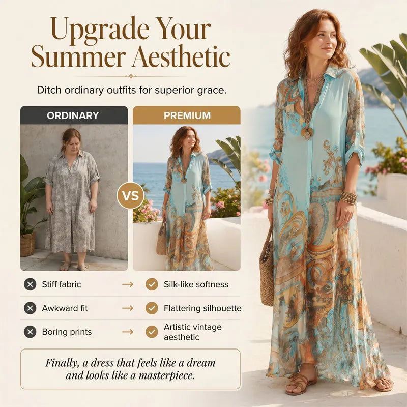 👗 เดรสยาวพิมพ์ลายสไตล์เรโทรสุดหรู – คอวีทรงโบโฮ ติดกระดุม – เนื้อผ้าพลิ้วไหว ระบายอากาศได้ดี🌸