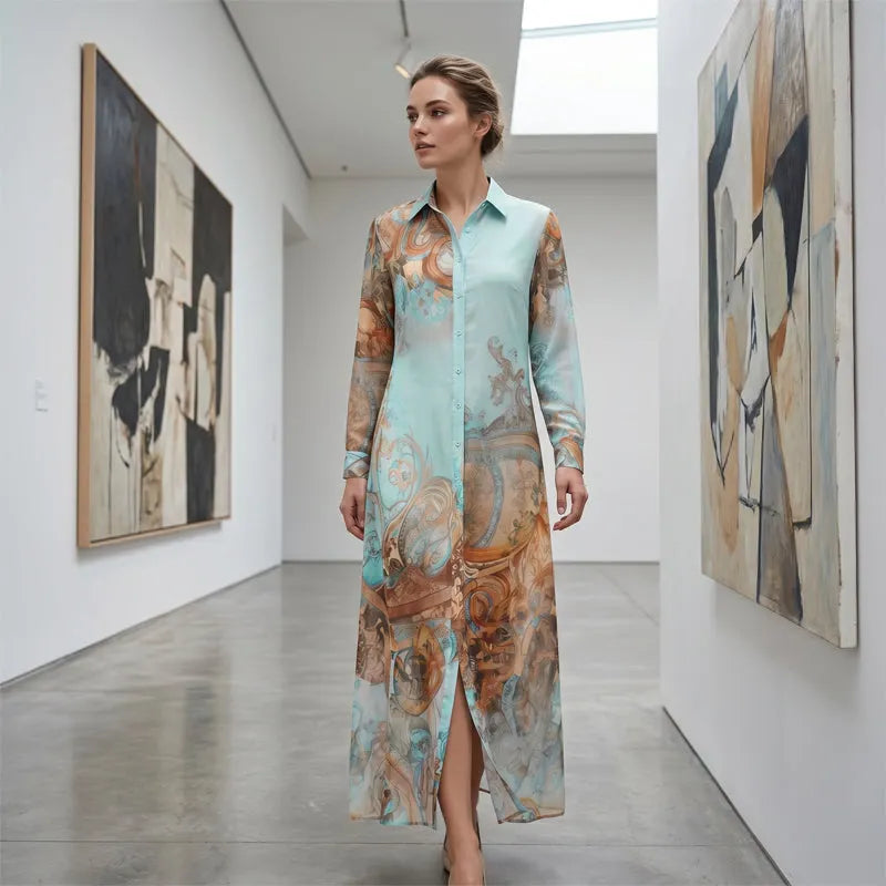 👗 เดรสยาวพิมพ์ลายสไตล์เรโทรสุดหรู – คอวีทรงโบโฮ ติดกระดุม – เนื้อผ้าพลิ้วไหว ระบายอากาศได้ดี🌸