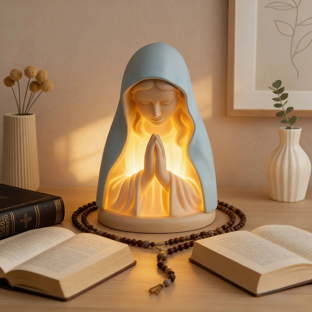 ✝️ โคมไฟกลางคืนแม่พระมารีเรซินทำด้วยมือ – แสงสว่างอ่อนโยนแห่งสันติภาพและการคุ้มครอง