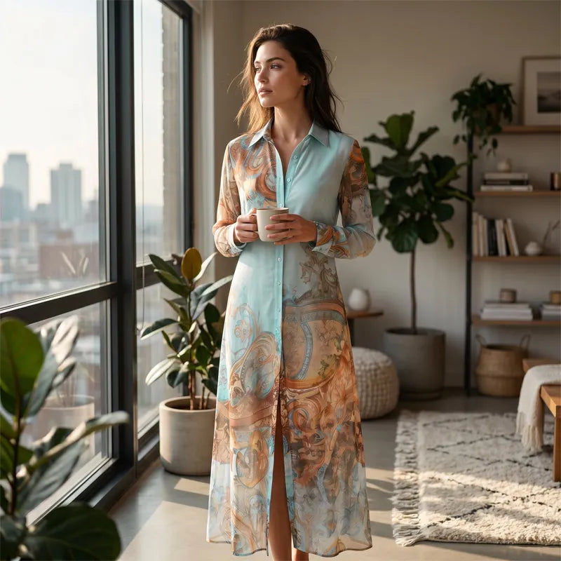 👗 เดรสยาวพิมพ์ลายสไตล์เรโทรสุดหรู – คอวีทรงโบโฮ ติดกระดุม – เนื้อผ้าพลิ้วไหว ระบายอากาศได้ดี🌸